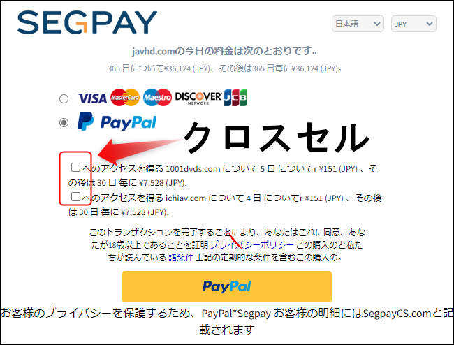 SegPayによるPayPal(ペイパル) の入会画面