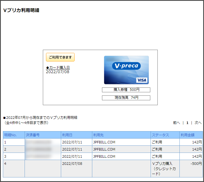 Vプリカを使ってJAVHDに入会した利用明細